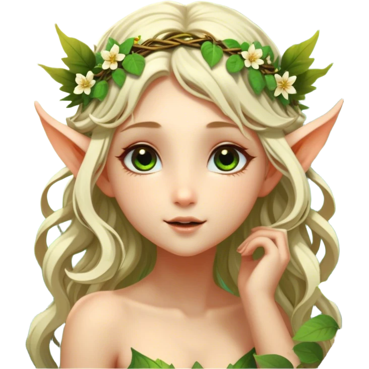 Cinematic Realistic Forest Nymph Fairy Portrait, head tilted playfully and inquisitively, showcasing a nature-inspired form with intricately detailed, sunlit tanned skin and cascading hair interlaced with leaves and blossoms. Her bright, curious eyes sparkle with forest mischief, rendered with lifelike clarity and warm, dappled lighting that captures the spirit of an enchanting woodland fairy ready to dance among the trees. emoji