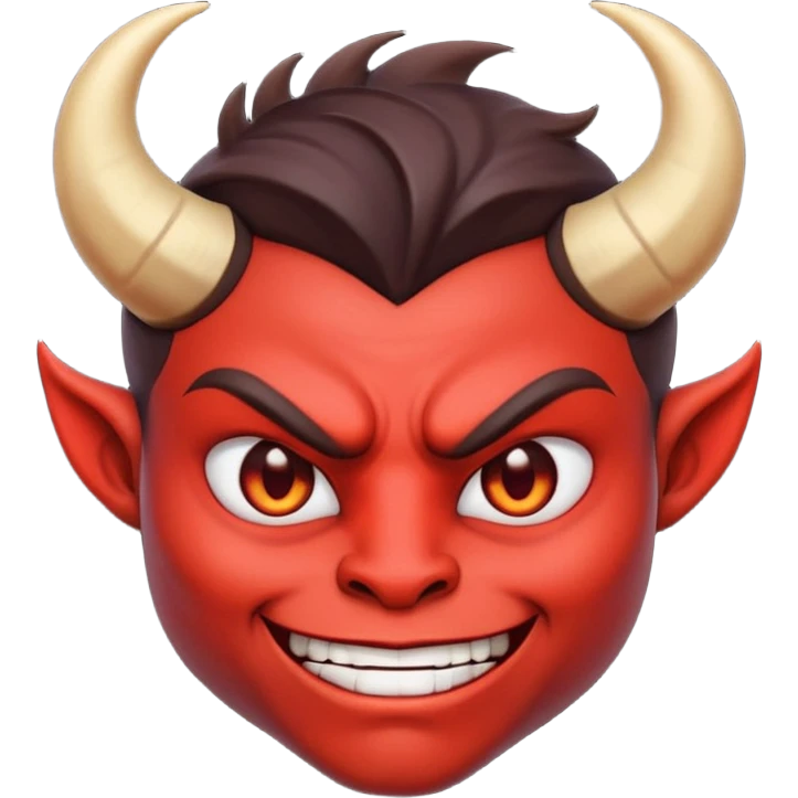 Demon cartoon emoji character, head and shoulders included (chest-up crop), centered face, confident and edgy expression, sharp eyes, subtle smirk, small curved horns, clean stylized face, not cute, not scary, modern emoji-style illustration, bold colors, smooth shading, high readability emoji