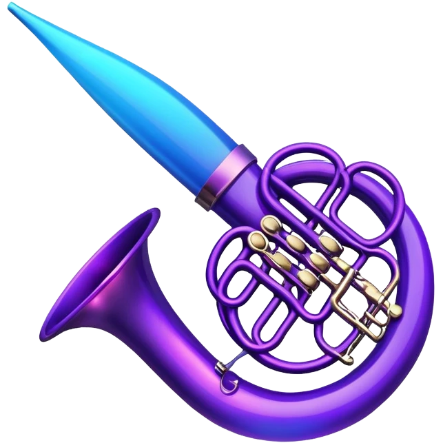 musical horn instrument with neon glow effect, blue neon glow on top left, purple neon glow on bottom right emoji