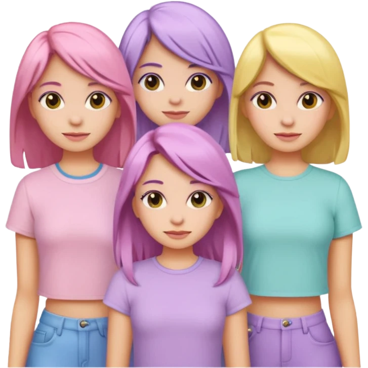 group of five girls, each with a different pastel top and hair color, emoji style emoji