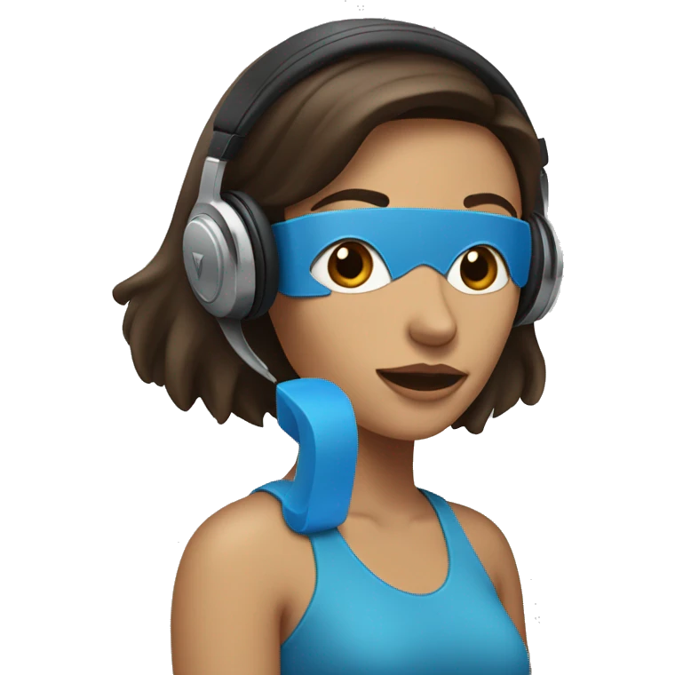brunette woman with headphones. left eye brown and right eye blue emoji