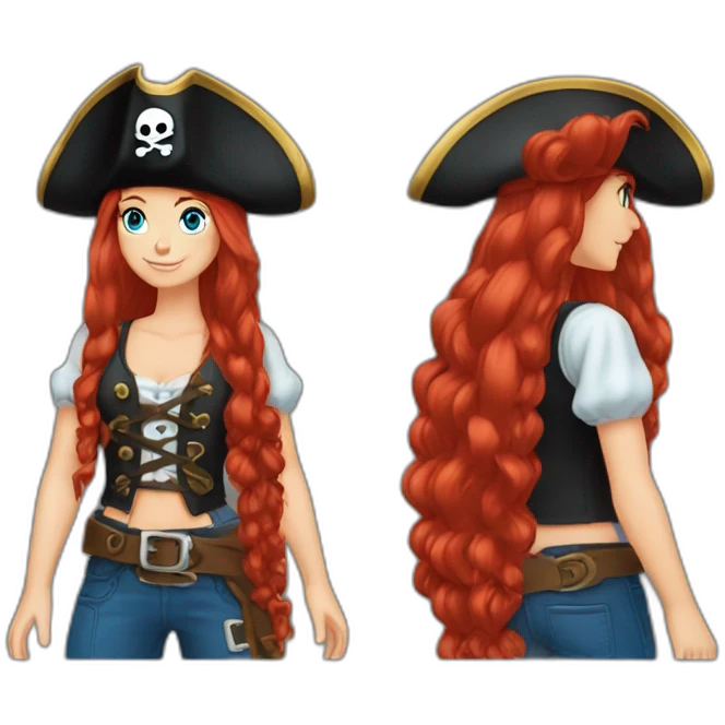 Woman long red hair on one side in a platt.pirate hat. One side of head has no hair. Blue eyes. skull and crossbones t shirt emoji