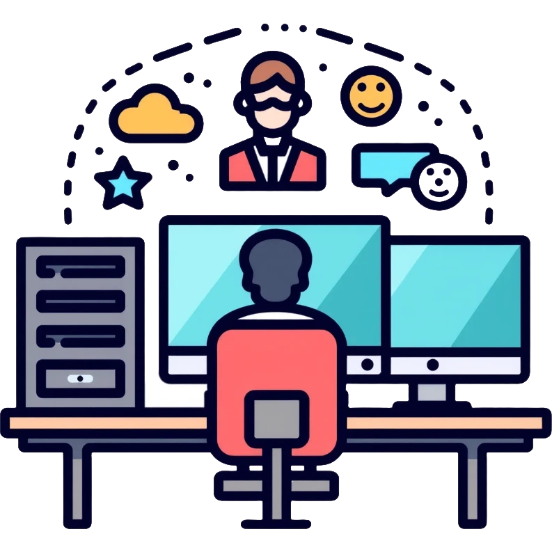 Senior IT Specialist with advanced workstation, multiple monitors, server, cloud icons, leadership symbols emoji