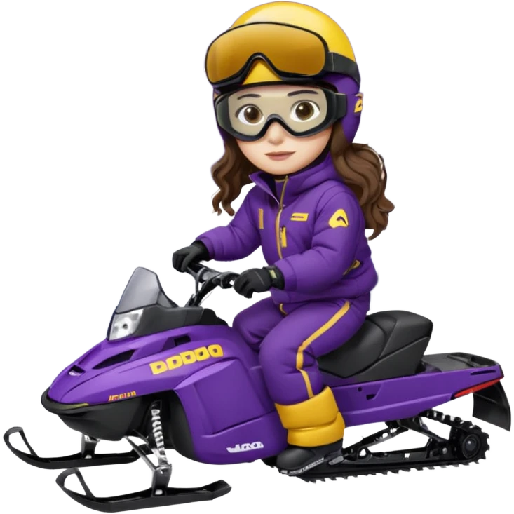 Brown, long wavy hair, ski-doo jacket and pants ski doo boots helmet and goggles, dark purple sled Sitting on dark purple snowmobile goggles and helmet not covering my face brown eyes white skin dark purple formula 1995 snowmobile change sled color dark purple and white not yellow emoji
