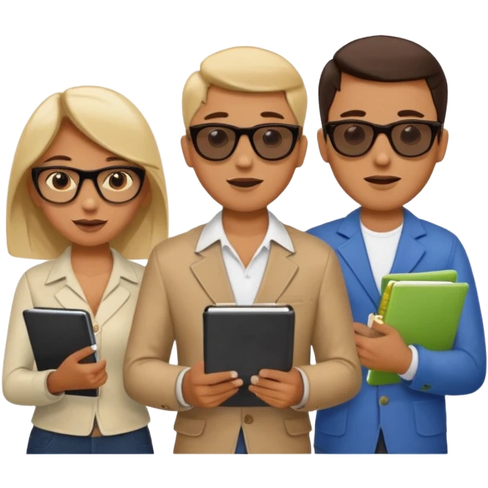 Команда в костюмах из трёх человек. на переднем палне Мужчина впереди общается по смартфону, дальше женщина слева стоит с ноубуком, мужчина справа держит бумаги. У всех людей разные, но позитивные эмоции. Все троя в солнцезащитных очках emoji