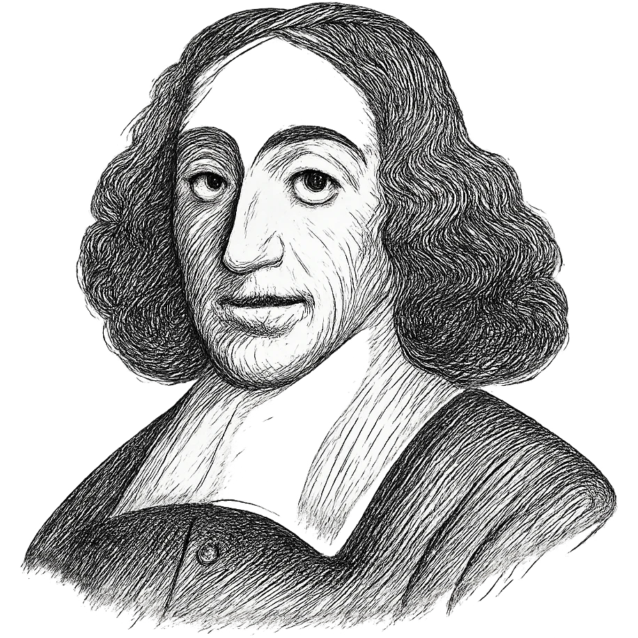 Enhance the Spinoza black outline icon with highly detailed and refined facial features, long curly hair, and a 17th-century collar. Maintain the hand-drawn black outline style with no fill. Ensure the eyes are even and natural, preserving the original style's delicate line work and transparency. emoji
