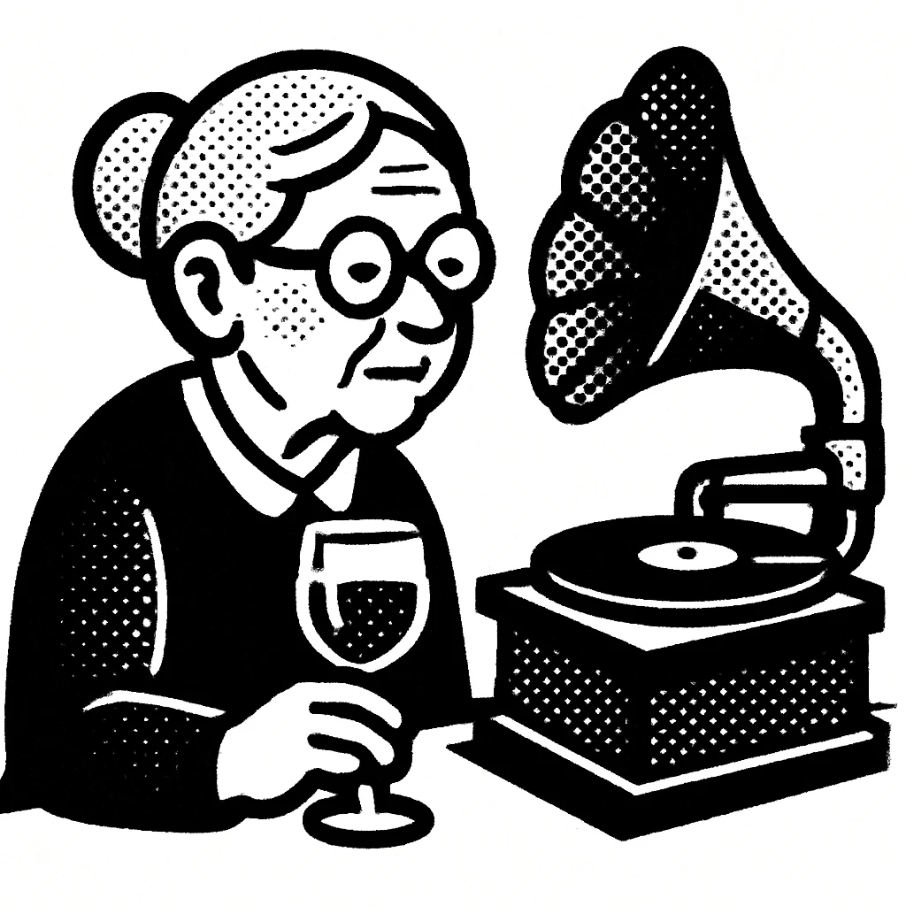 old lady with wineglass listening to gramophone emoji