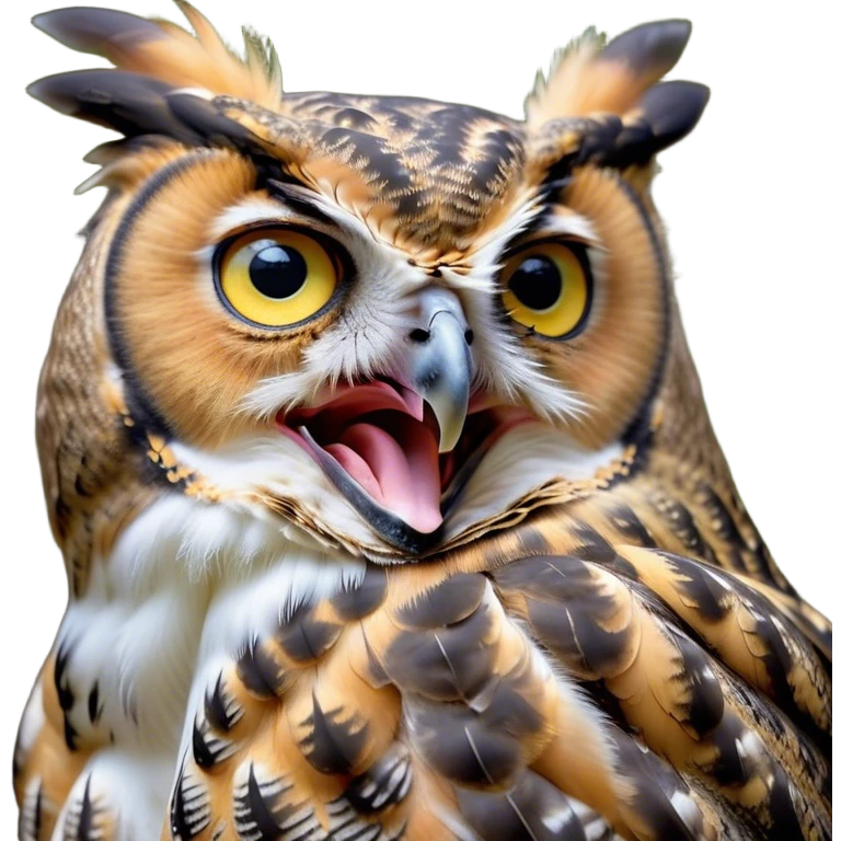 Cinematic Cute Yawning Great Horned Owl Portrait Emoji, Head tilted slightly with a dramatic, wide-open yawn, showcasing a soft, downy mottled plumage with gently drooping feathers, round golden eyes barely open in drowsy contentment, Simplified yet irresistibly adorable features, highly detailed, glowing with a soft, cozy glow, high shine, relaxed yet expressive, stylized with a touch of nocturnal whimsy, bright and endearing, soft glowing outline, capturing the essence of a sleepy yet affectionate owl, so drowsy it feels like it could glide out of the screen and curl up for a nap! emoji