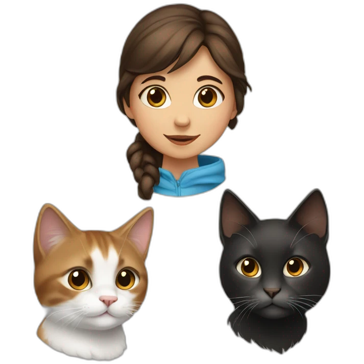 a young girl with brown hair and with two cats, one black and the other snowshoe emoji
