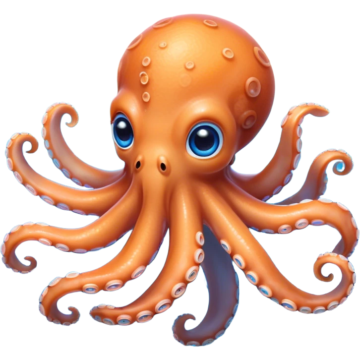 Cinematic Cute Octopus Portrait Emoji, Head tilted playfully and inquisitively, featuring a rounded, light orange body embellished with playful blue rings, eight adorably curling arms, and big, twinkling eyes full of wonder, Simplified yet irresistibly adorable features, highly detailed, glowing with a warm, inviting underwater glow, high shine, affectionate and lively, stylized with a touch of whimsical cartoon charm, soft glowing outline, capturing the essence of a mischievous yet loving octopus that seems as if it could bob out of the screen into your arms! emoji