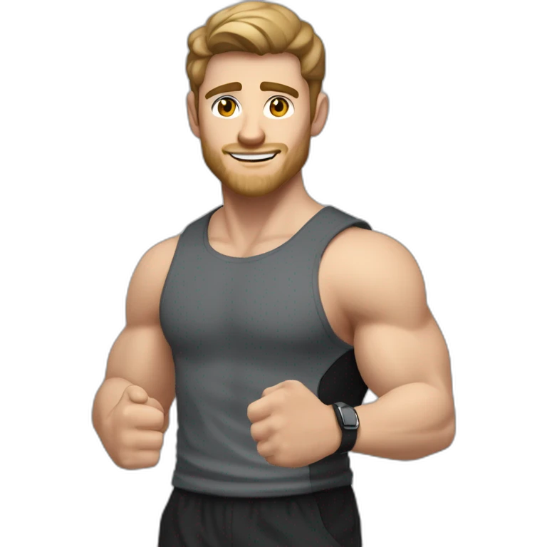 Close up Actively gesturing  with hands Pale skinned Fit Man With the biceps and brown hair in dark gray Sleeveless Mike, black oversize sports shorts, watch and white Sneakers emoji