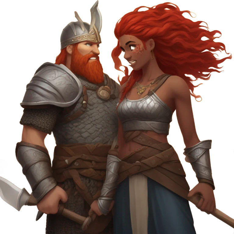 Viking red head beautiful  dragon  queen with a killed Viking solder with a dark man bun laying down on a dragon  emoji