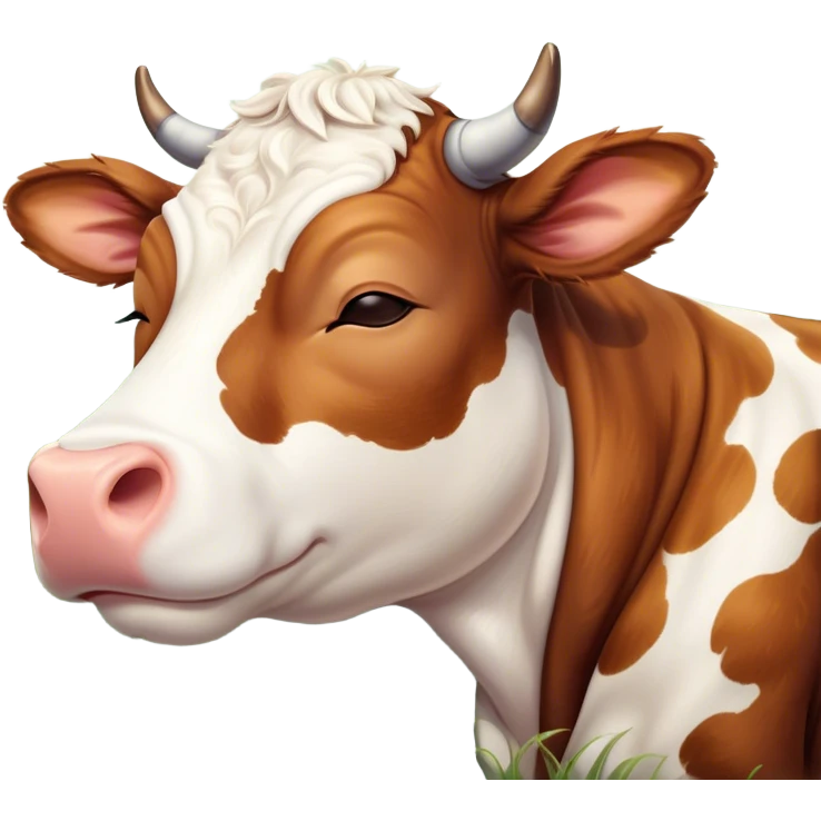 Meme-Worthy Cute Sleeping Brown and White Cow Portrait Emoji, Head resting peacefully with a contented smile, showcasing a robust build and a luxuriously soft patterned hide of brown and white, eyes shut in a serene, restful nap, Simplified yet hilariously adorable features, highly detailed, glowing with a soft, drowsy light, high shine, relaxed and utterly lovable, stylized with an air of playful laziness, bright and heartwarming, soft glowing outline, capturing the essence of a comically sleepy cow, so meme-worthy it feels like it could instantly become the next viral sensation of adorable slumber! emoji