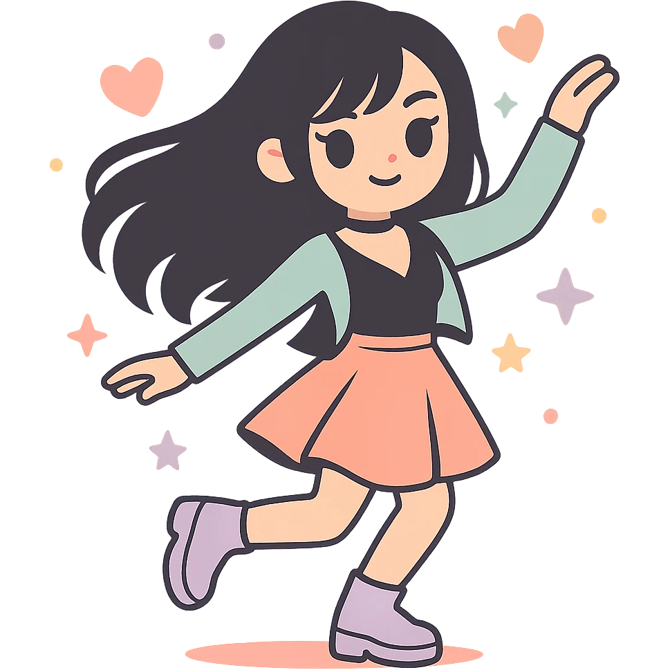Transform the image into a K-pop inspired gothic girl in a dynamic dance pose wearing fashionable gothic streetwear. Preserve the transparent background. Style should reflect K-pop gothic fashion with energy and street style. emoji