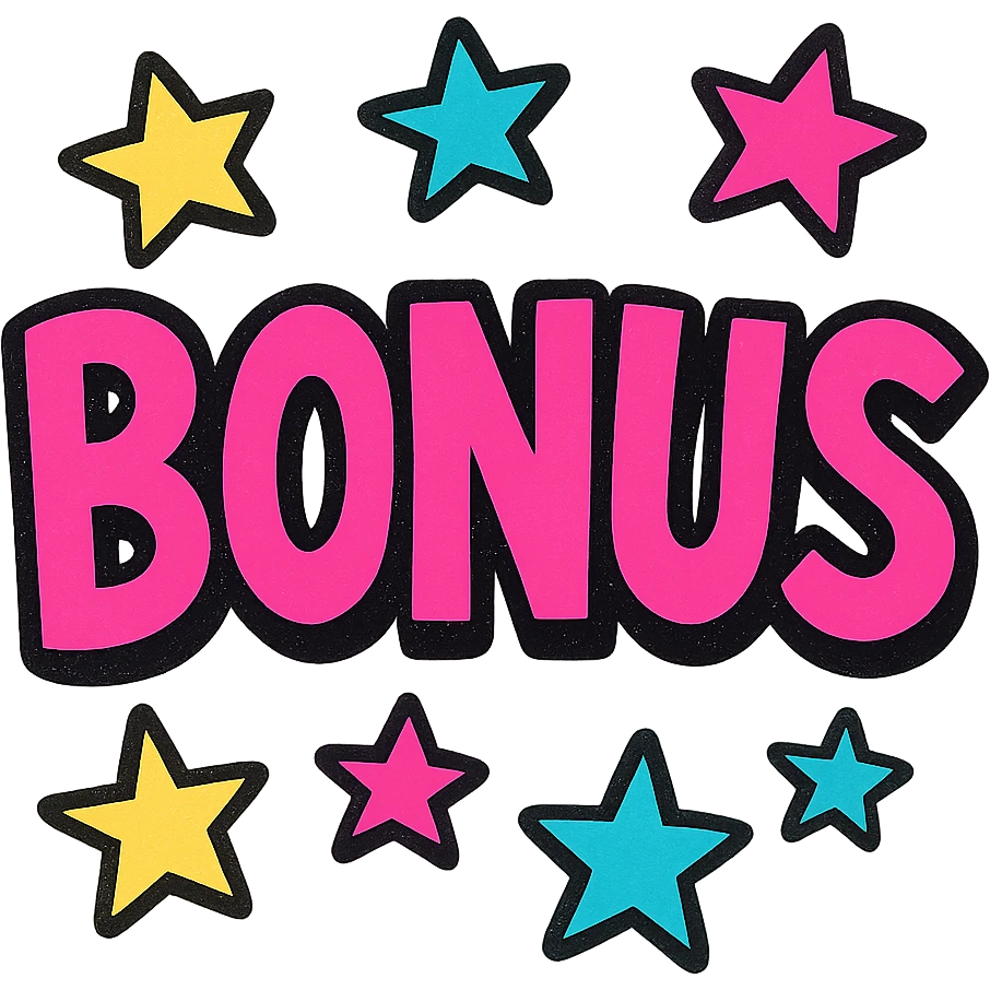 the word BONUS in large letters, all the same vibrant color, surrounded by stars, no background or sign behind, just the letters and stars, vibrant cartoon style emoji