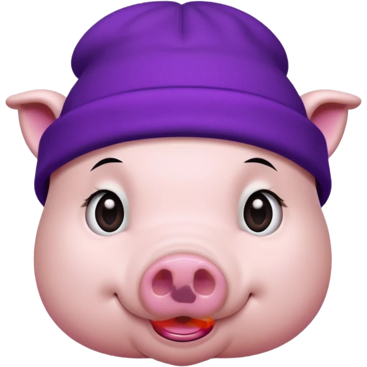 pig wearing a purple beanie, long straight black hair emoji