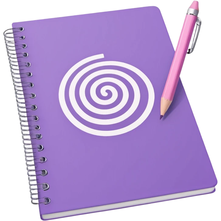 soft purple spiral notebook with white inscription 'schedule' on the cover, soft pink pencil lying on top, iOS emoji style emoji