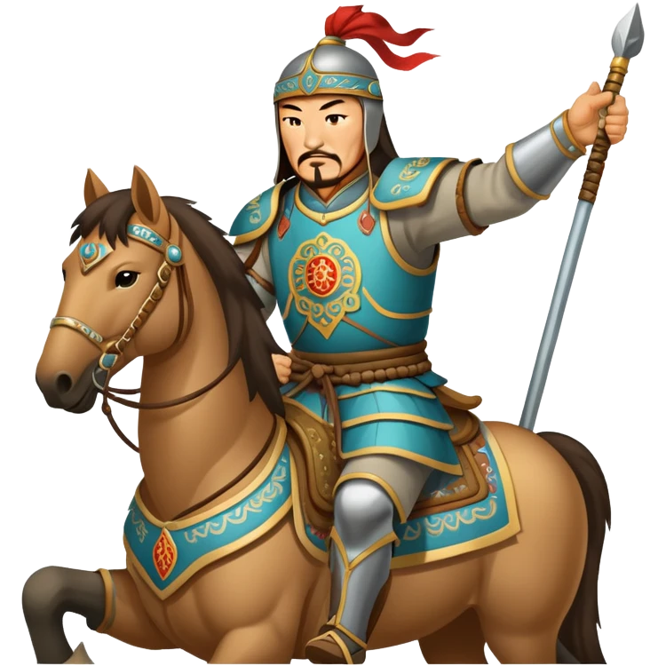 Genghis Khan on horseback with traditional Mongolian armor emoji