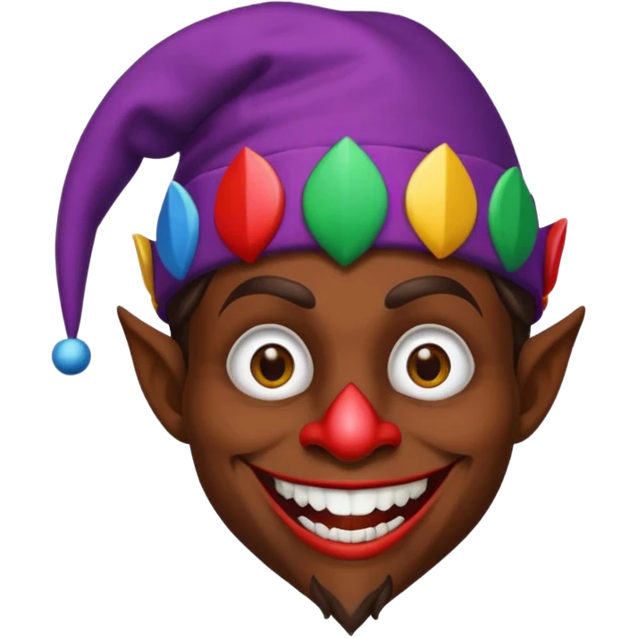 Dark brown skin medieval jester with white pupils and fangs emoji