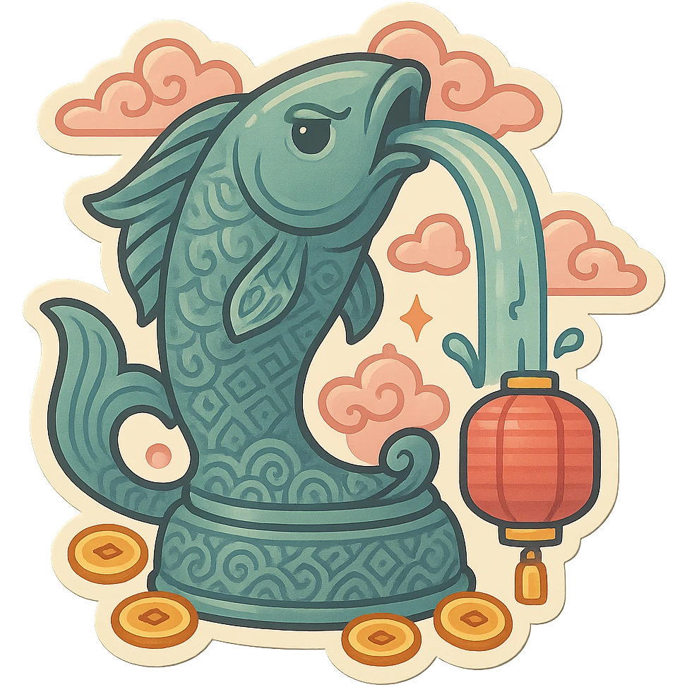 elongated fountain shaped like a serious fish with a water stream flowing from its mouth, retro-stickers style, eastern decor with patterns, clouds, coins, lanterns, detailed drawing with shadows and highlights, thin clean contours, soft rounded shapes, pastel palette #98B5BC, #B5B3C1, #C9A3C9, #E4C0CA, #F7DCD1, #F7C0AA, modern Japanese pop art, soft lighting, transparent background emoji