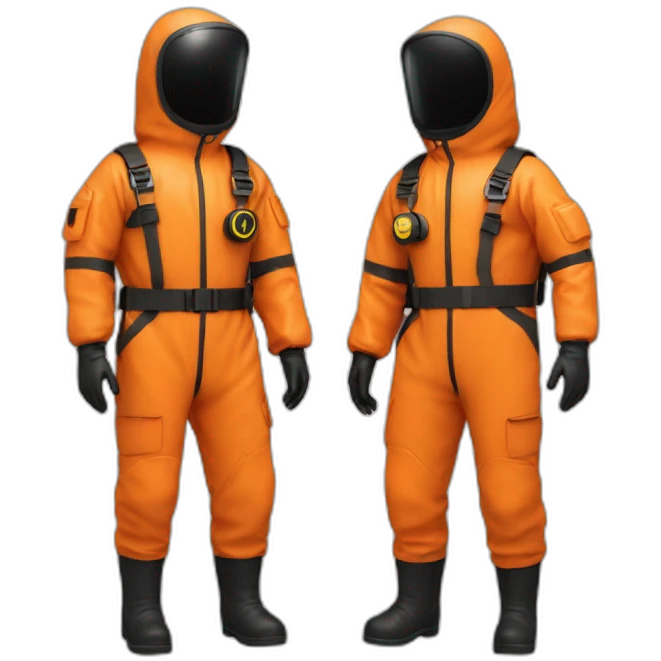2 persons in orange Orange hazmat suit, black boots, belt with pouches emoji