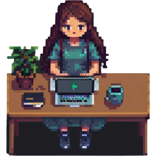 girl working on a MacBook, pixel art style emoji