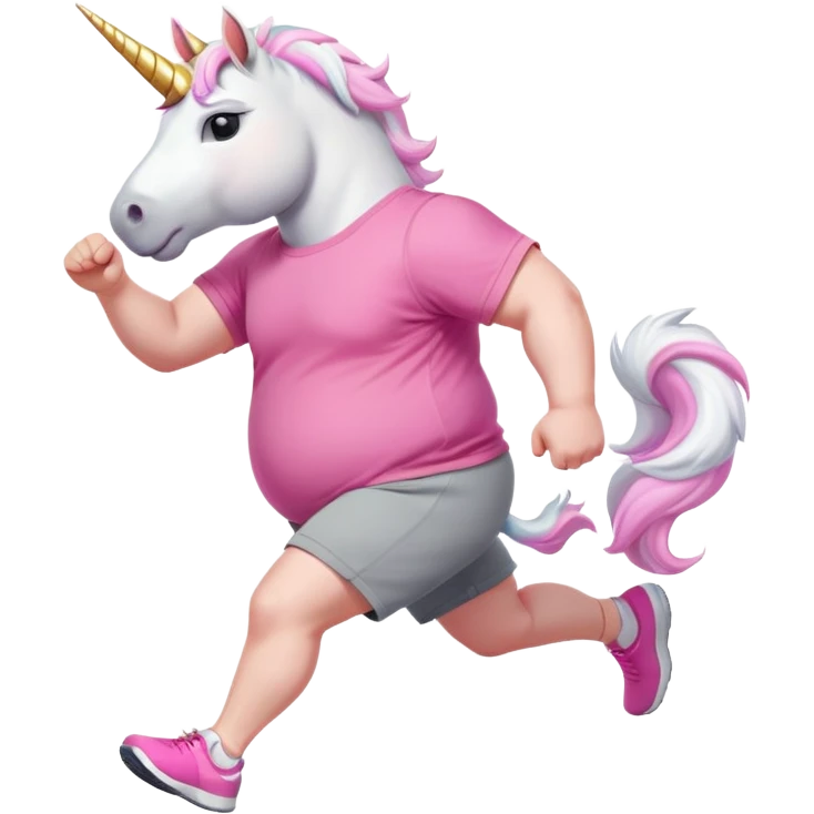 friendly anthropomorphised male white unicorn with an extra chunky, very strong and stocky build, arms and legs matching the white of the head, in grey shorts and pink t-shirt, wearing dark sunglasses, jogging upright in a relaxed pose emoji