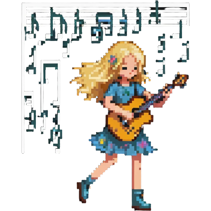 pretty blonde girl playing guitar with music notes floating around her emoji