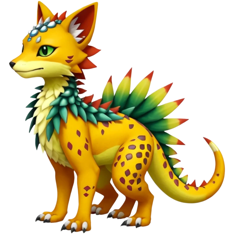 Kawaii cute reddish orangish yellowish greenish exotic tribal beautiful pretty elegant divine edgy feline-vernid-sergal-Fakémon-Pokémon-Digimon-fursona-animal-creature with accessories, jewelries, full body, with intricate detailed markings, furs, fins, scales, spiny emoji
