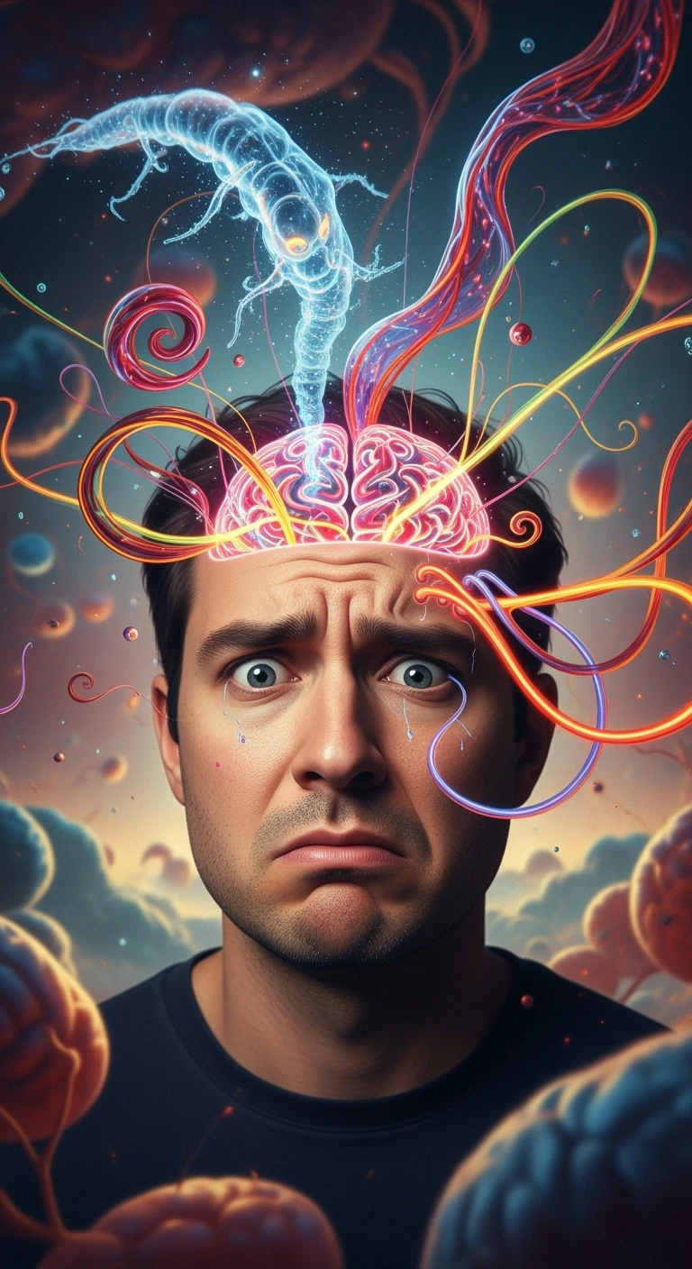 Uomo con espressione confusa e sbalzi emotivi visibili sul volto, in un ambiente surreale. Un'ombra astratta o un parassita trasparente (Toxoplasma gondii) si insinua nel cervello, con linee energetiche che influenzano le emozioni. emoji