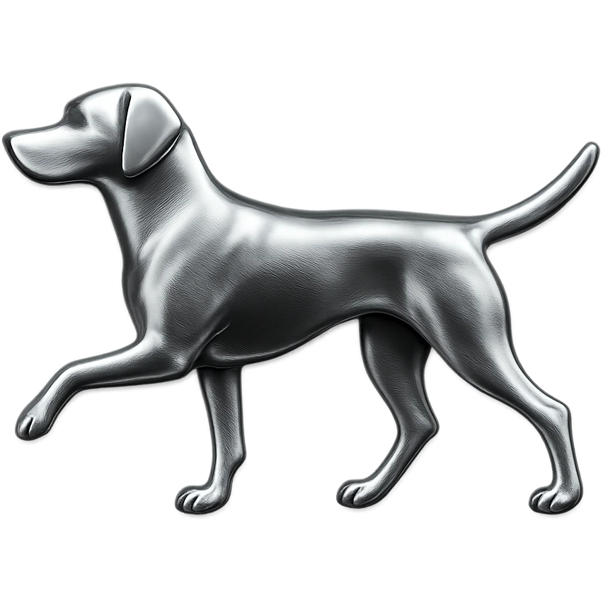               Apply a high-end, photorealistic metallic chrome material to the provided {subject}. The material should have a smooth, slightly curved surface with subtle reflections and soft shadows, resembling brushed or polished silver metal. Preserve the exact shape, proportions, and design of the original object. Set it against a solid black background (#000000) in 8K resolution. The lighting should enhance the beveled edges and reflective highlights, creating a sleek, premium finish. {subject} = dog pointing left emoji