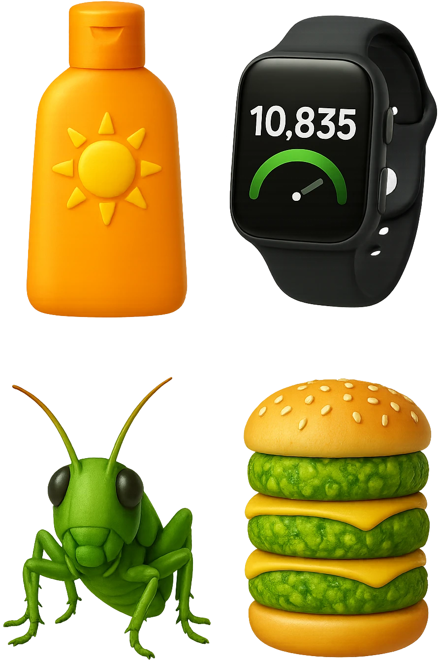 emoji stile iphone di una boccetta di CREMA SOLARE, UNO SMARTWATCH CONTAPASSI, UN GRILLO, UNA TORRETTA DI HAMBURGER FATTI CON I PISELLI, IPERREALISTICO 4K emoji