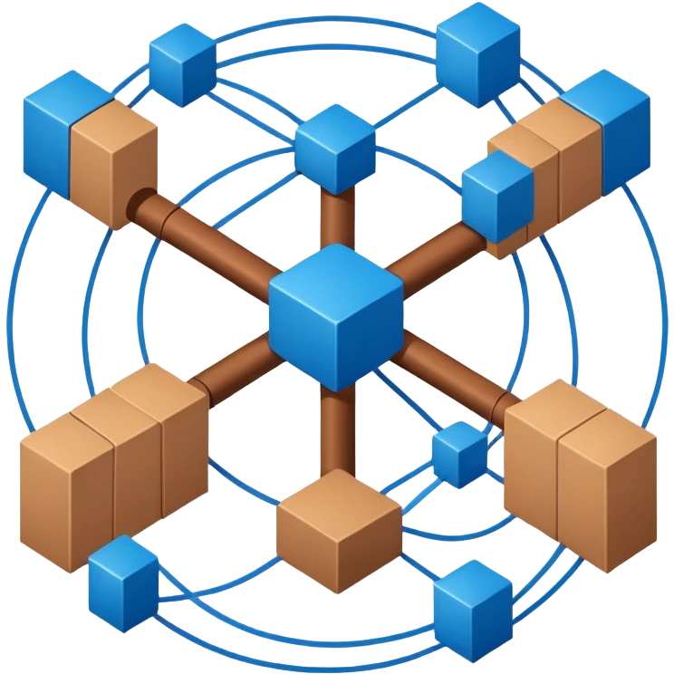 network in a circle form with blue color and realistic brown boxes at intersection points emoji