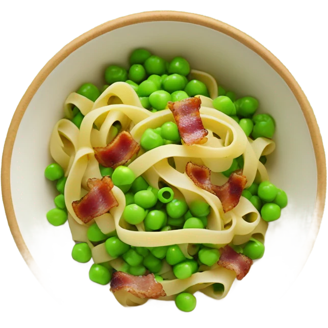 Linguine in a bowl with peas and bacon ￼ emoji