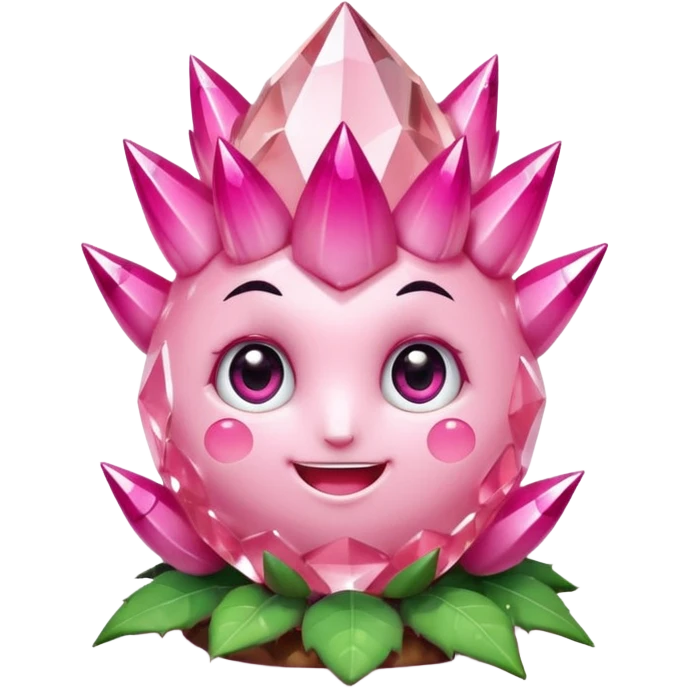 A single cute pink crystal cluster character, chunky round base with many tall rose-pink crystal spikes growing upward like a quartz cluster, faceted and slightly imperfect, on the front of the base a kawaii face with big shiny eyes and a happy open smile emoji