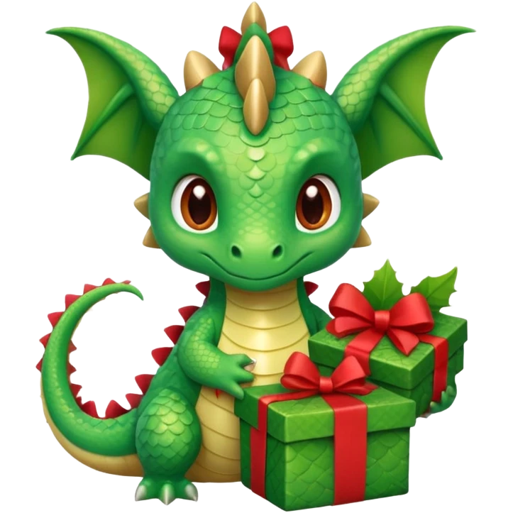 a cute baby dragon is holding a carton gift with red ribbon emoji