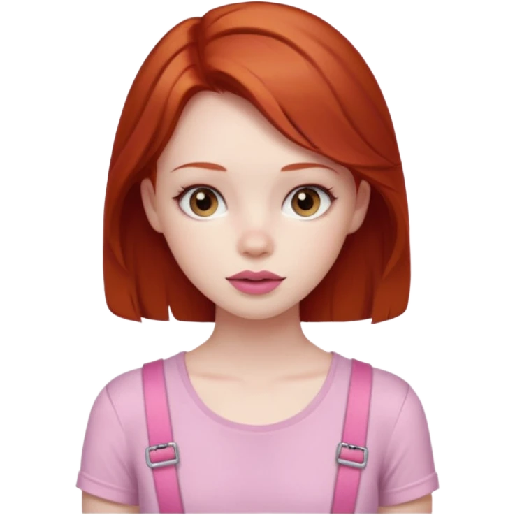 Redhead girl with deep brown eyes, pale skin with light red lips wearing a pink strap shirt emoji