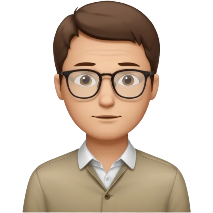 Мужчина в очках с тонкой оправой, аккуратные волосы, нейтральное выражение лица, рубашка с расстёгнутым воротом, образ интеллектуальный и неброский. emoji