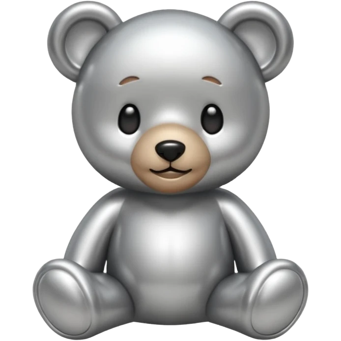 A cute teddy bear emoji made of liquid silver chrome, smooth rounded body, glossy metallic surface, soft reflections, friendly proportions, iOS emoji style, centered, clean white background emoji
