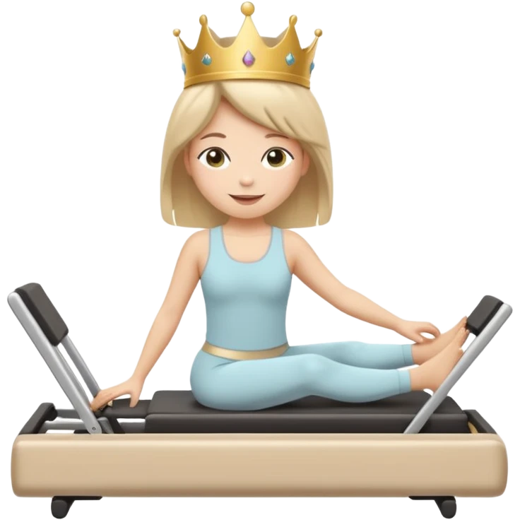 Cute sticker emoji of a “Pilates Princess” doing Pilates on a reformer machine. She is wearing beige activewear with a tiny crown. Soft kawaii style, round shapes, happy face. White outline, vector, transparent background. emoji