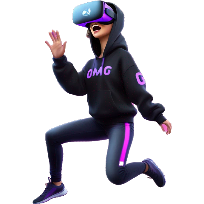 Russian girl wearing black hoody with violet letters "OMG", in vr headset oculus quest2. jumping. Cyberpunk style. Violet neon. emoji