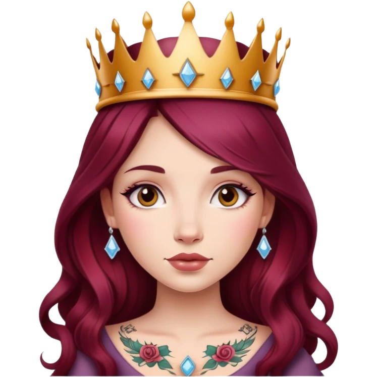 Beautiful tattooed long burgundy haired girl wearing a princess crown emoji