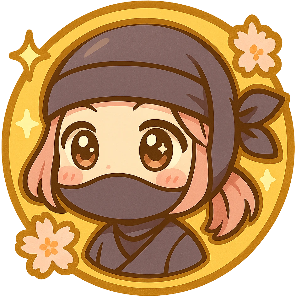 Make the badge look more anime style with bold anime-style highlights, shading, and linework for a vibrant, dynamic look. Keep the chibi ninja girl's face in the center, gold color, sakura flowers, sparkly effects, and overall badge shape. Transparent background, sized for Twitch or Discord use. emoji