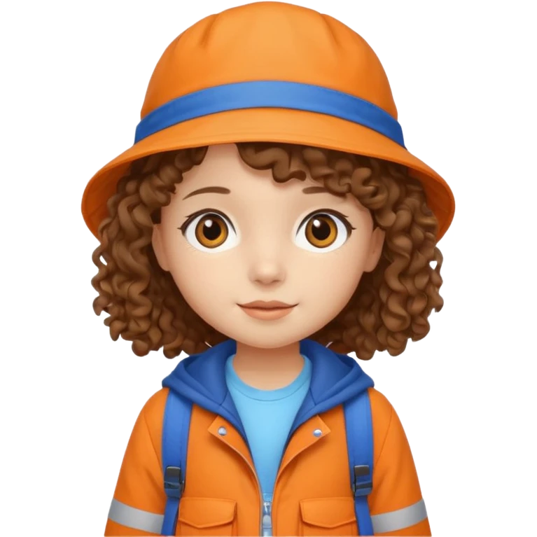A little girl student curly brown hair, with beige bucket hat, orange jacket, blue backpack emoji