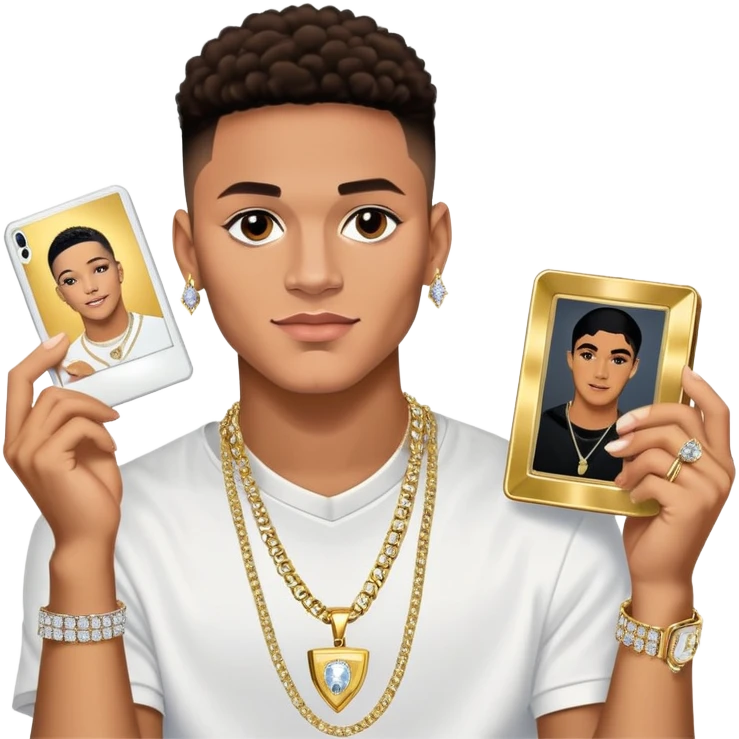Internet celebrity Josh King Madrid jetset wearing shiny diamond earrings and sparkly iced out diamond tennis necklace chains with tefi valenzuela sitting with him holding gold polaroid celebrity tv show filming  emoji