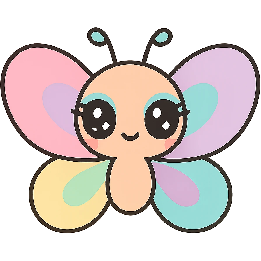 kawaii butterfly with big sparkling eyes, tiny body, pastel rainbow wings, cute and happy, bold eyeliner and colorful eyeshadow emoji