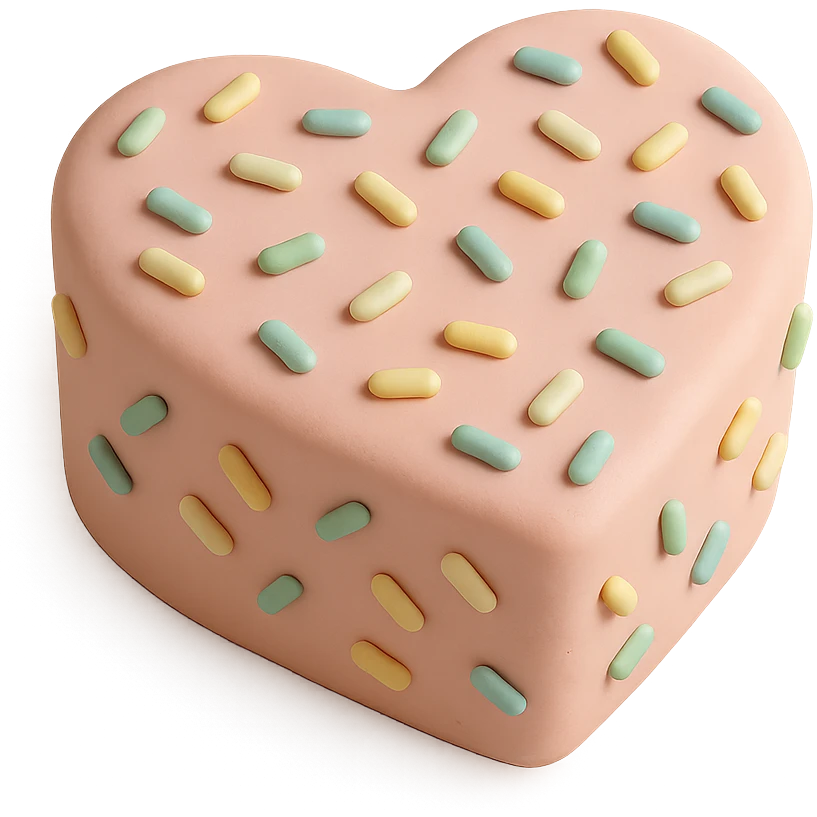 heart-shaped fondant cake with confetti emoji
