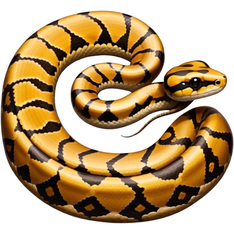 A photo-realistic top-down view of a Ball Python gently coiled into a tight spiral, with its head resting peacefully at the center. Its scales are warm brown with bold, irregular black markings, including the distinctive “alien-head” pattern, flowing smoothly along its body.  emoji