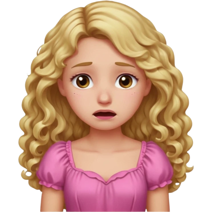 the girl is that criying she has brown eyes and blond long hair curly pink dress  emoji