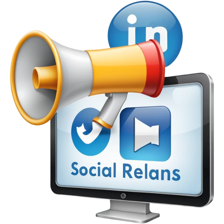 An icon featuring a megaphone, a press release, and a social media icon, symbolizing advertising and public relations. The design includes a billboard and communication network lines, representing brand promotion and media outreach. Transparent background highlights the power of communication. emoji